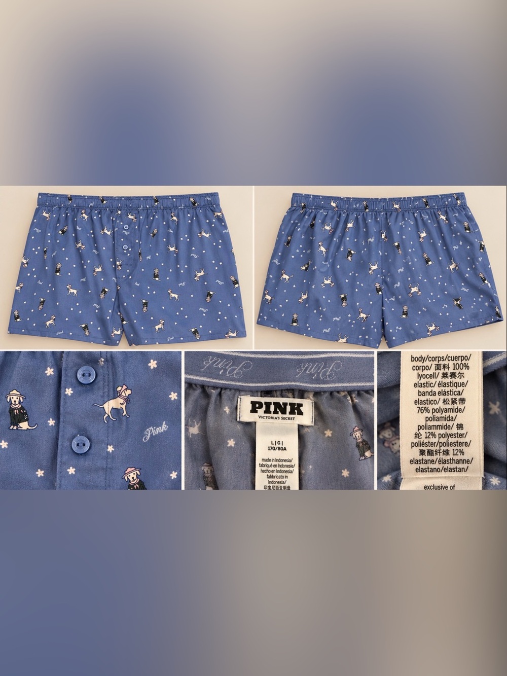PINK Victoria's Secret Sz L Blue Lyocell PJ Boxer shorts with Dog & Star Print
